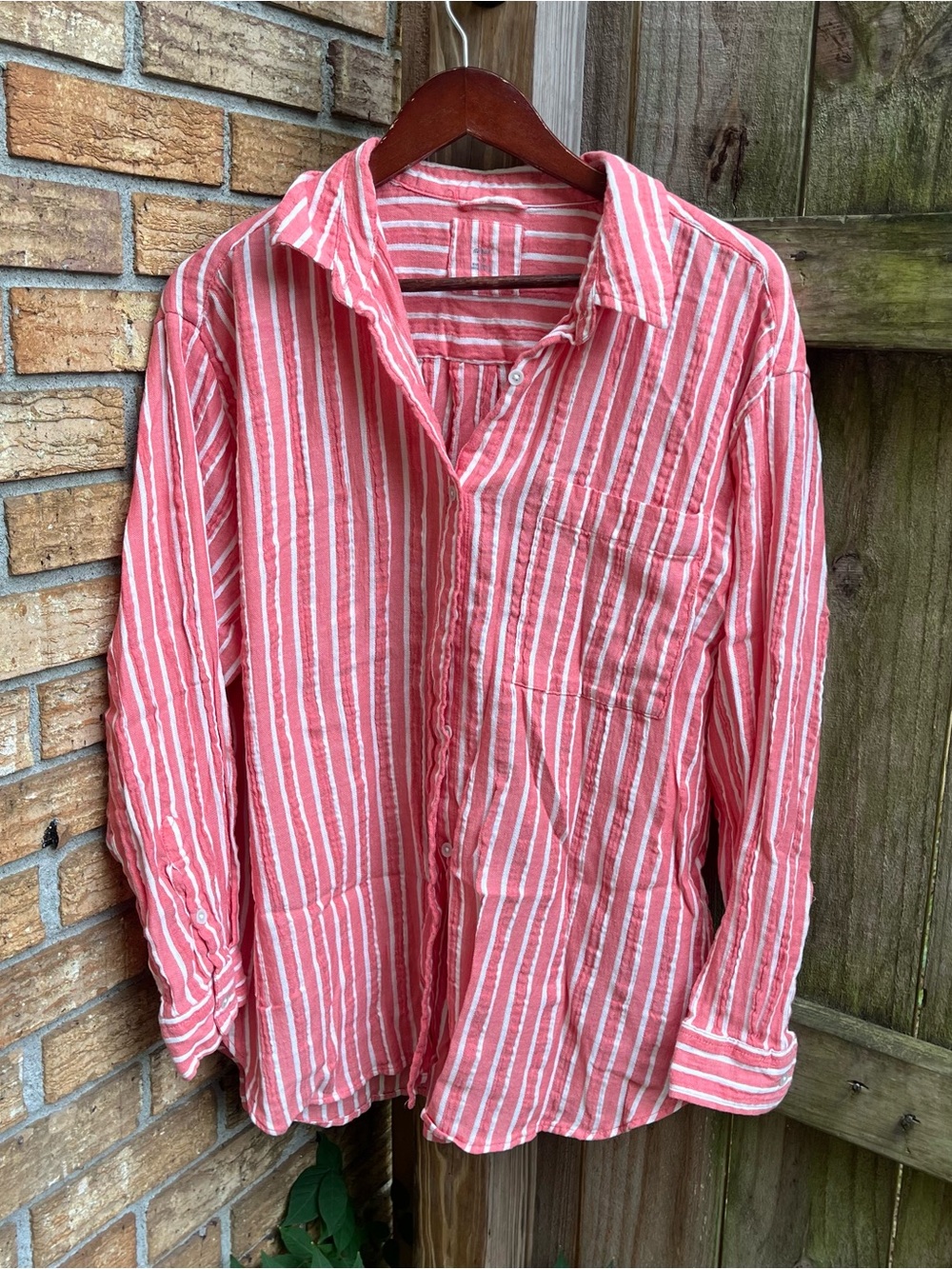 Aerie Coral and White Striped Button-Down Shirt 100% Cotton